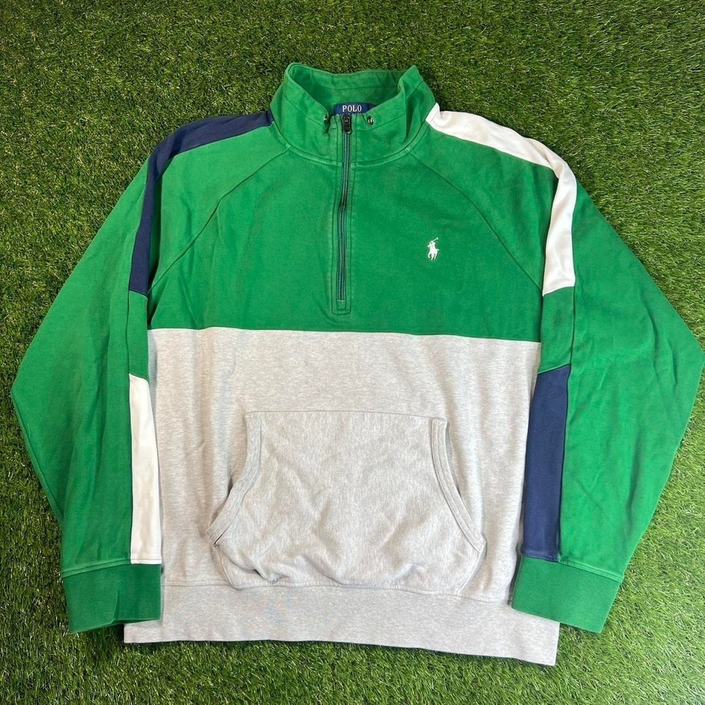 Polo Ralph Lauren Quarter Zip Sweatshirt Colorblock Pony Pullover Mens XL Green